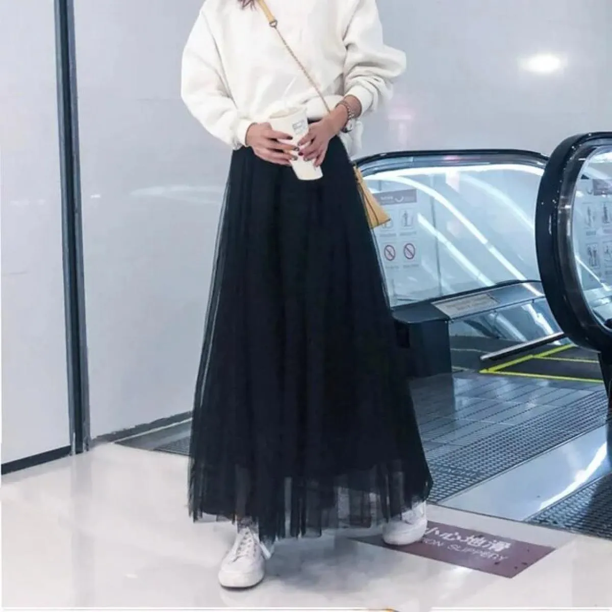 2022 Autunno Inverno Vintage Pannello Esterno di Tulle Delle Donne Elastico A Vita Alta Maglia Gonne Lunghe Gonna Tutu A Pieghe