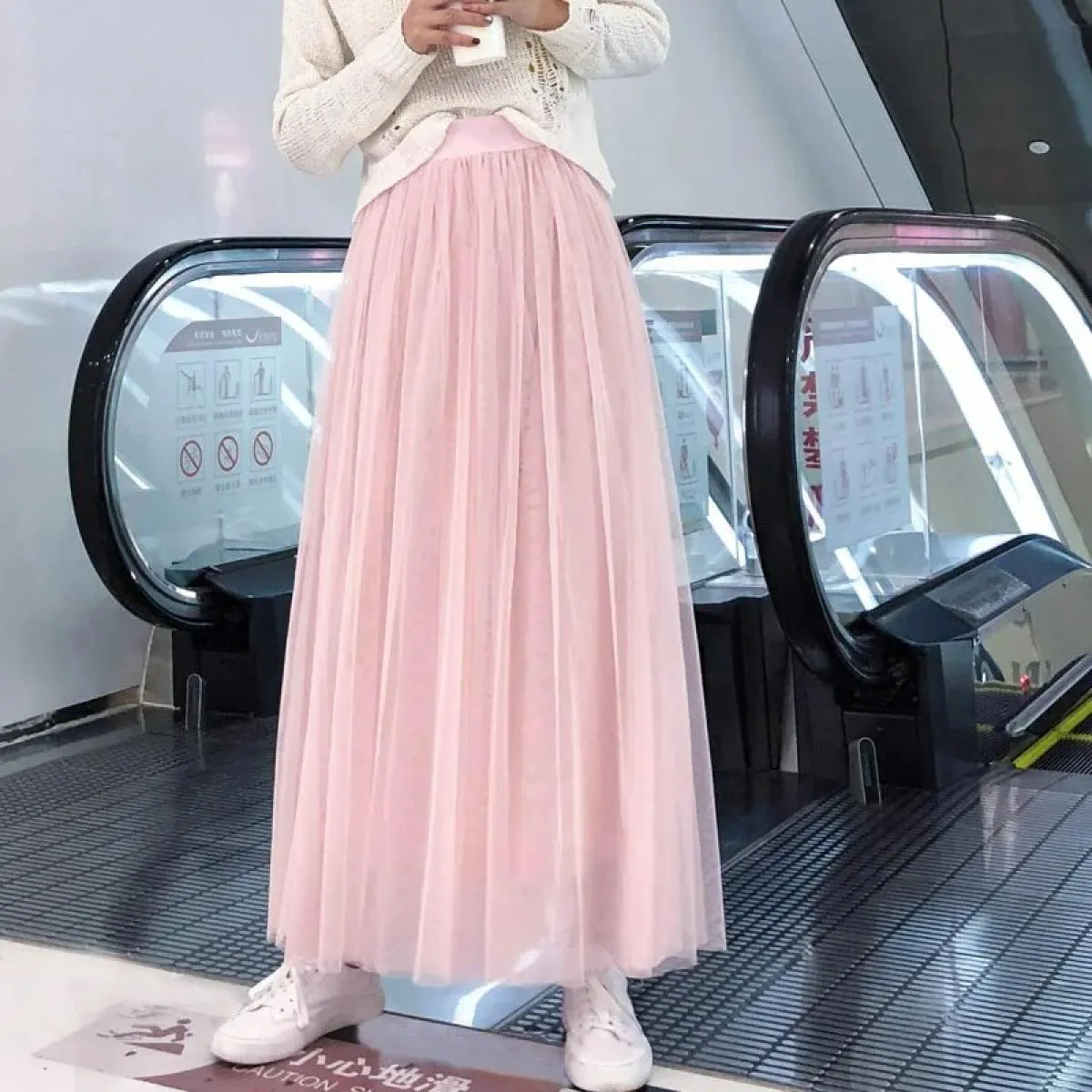 2022 Autunno Inverno Vintage Pannello Esterno di Tulle Delle Donne Elastico A Vita Alta Maglia Gonne Lunghe Gonna Tutu A Pieghe