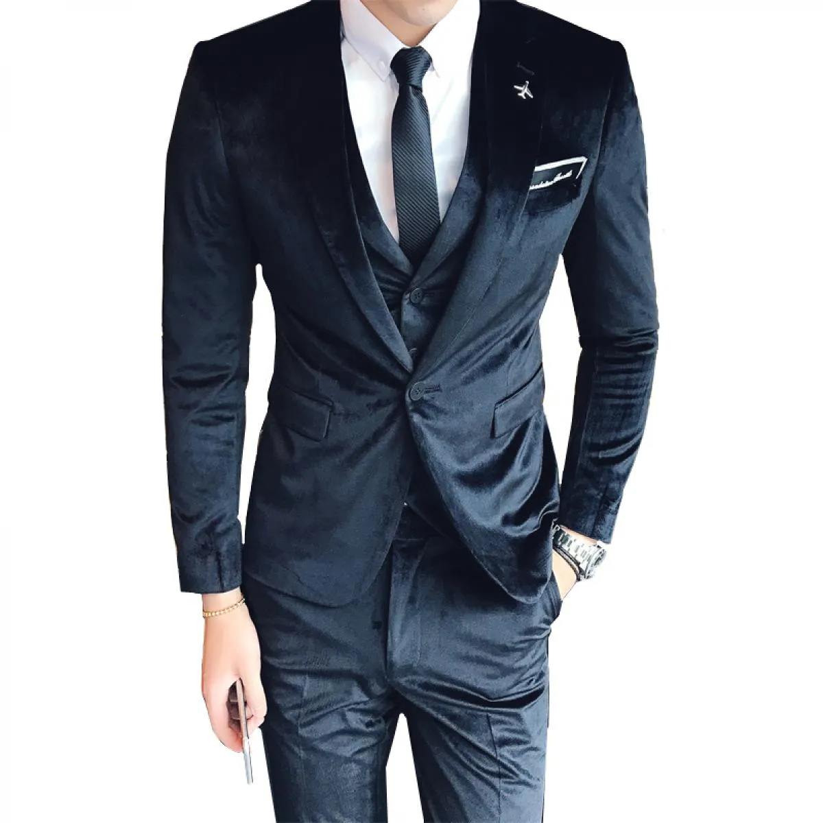 2022 nuovi abiti da uomo in velluto argento alla moda con risvolto dentellato tre pezzi blazer da ballo formale per uomo vendita