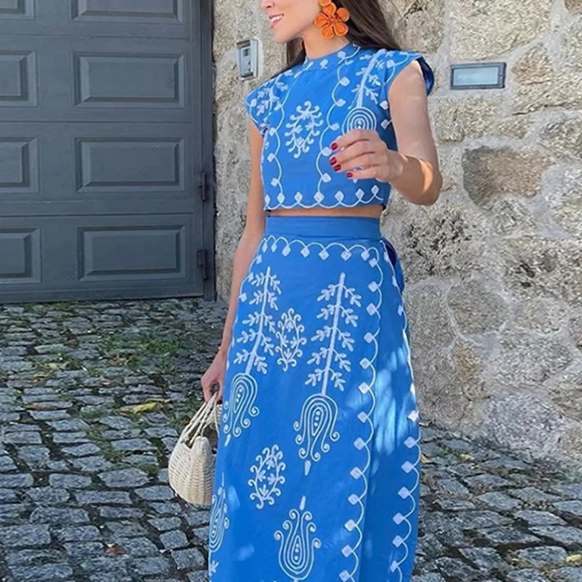 Abito a pieghe stampato vintage abito con spalline manica a sbuffo con scollo a V gonna a vita alta femminile 2024 nuova primave