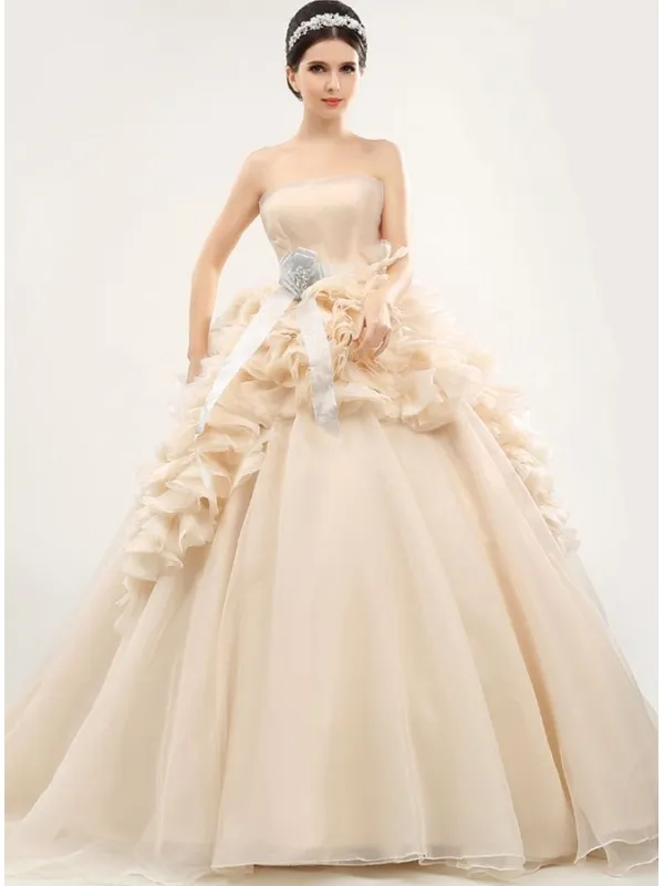 Abito da Sposa Champagne principesco con gonna drappeggiata elegante