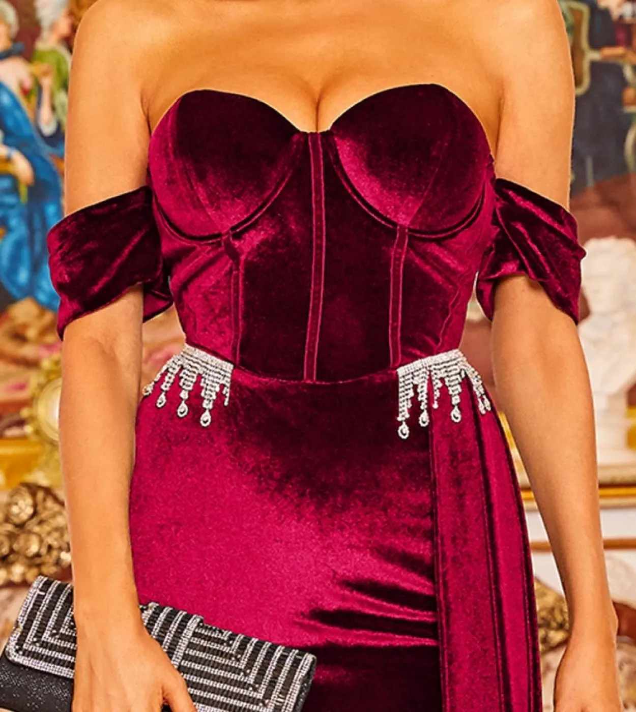 Abito lungo drappeggiato con spalle scoperte in velluto Donna con scollo a V Vita con diamanti Abito rosso con spacco alto Celeb