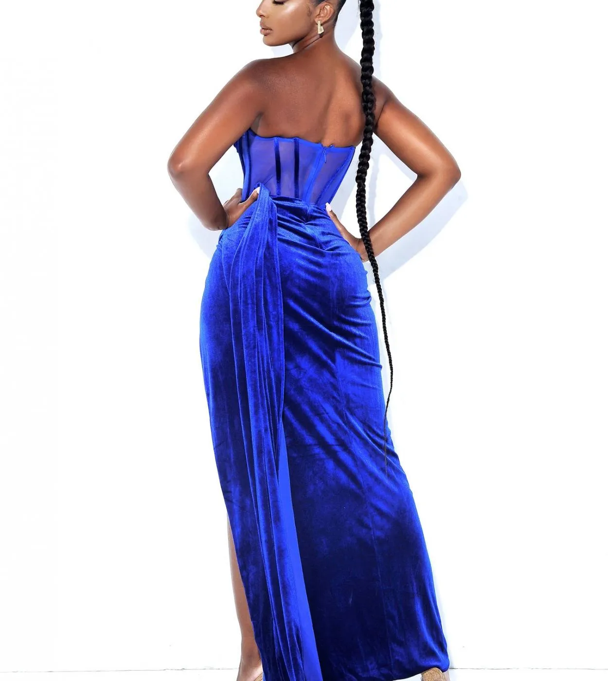 Abito lungo in velluto con spalle scoperte Lady Vintage Elegante Celebrity Fashion Slim Split Evening Party Dress Formal Party D