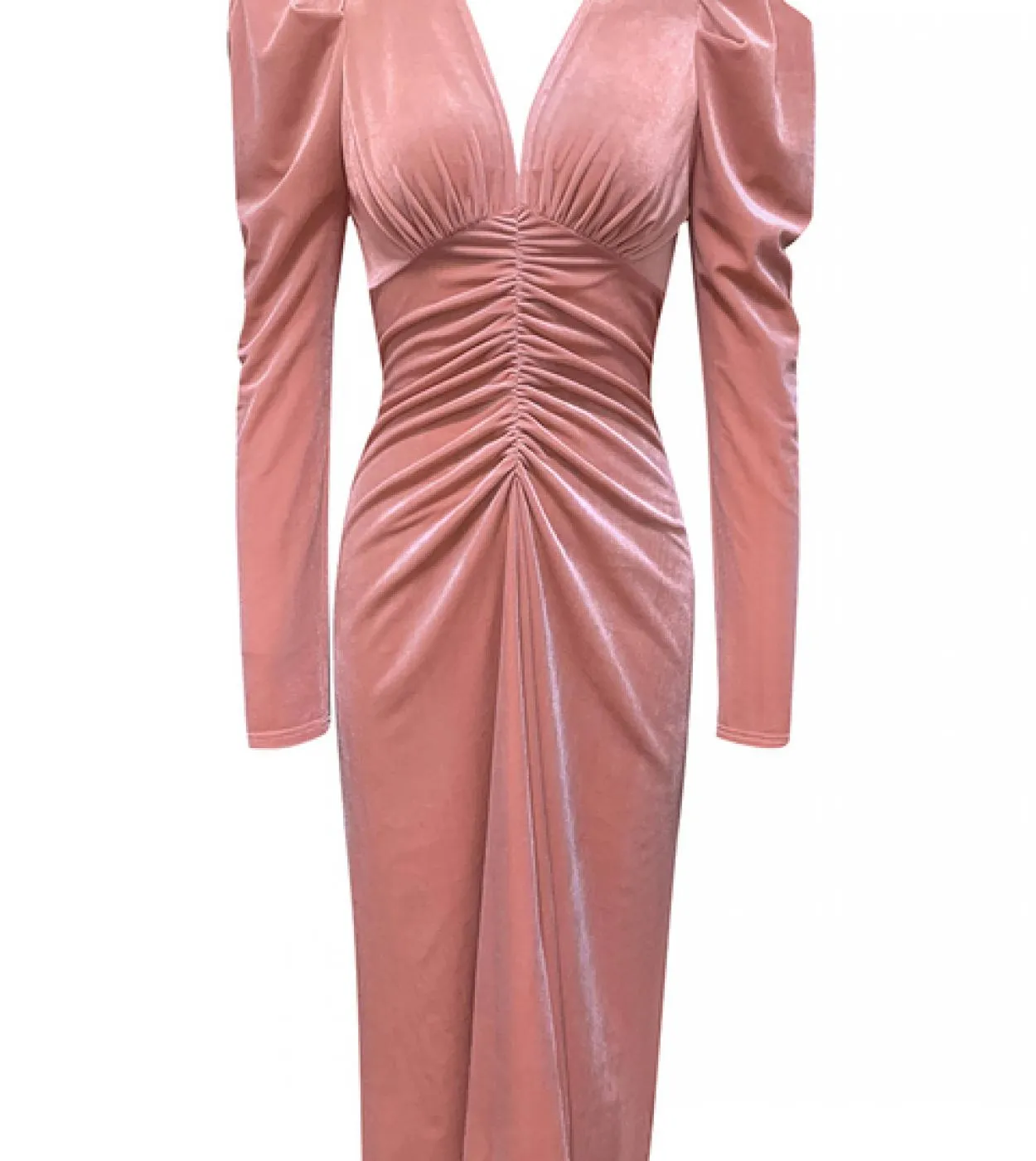 Abito midi a maniche lunghe plissettato con scollo a V Elegante abito aderente con maniche a sbuffo pieghe in velluto rosa Donna