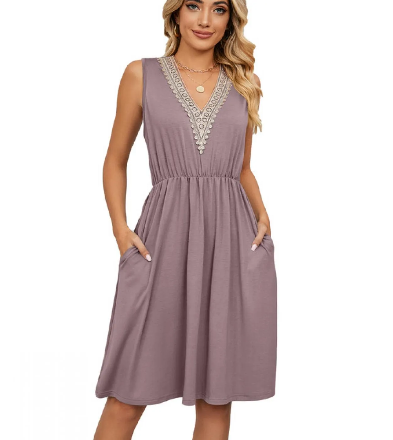 Abito senza maniche con scollo a V donna tinta unita tasca in pizzo gonna a trapezio sottile 2023 abito da donna casual moda ele