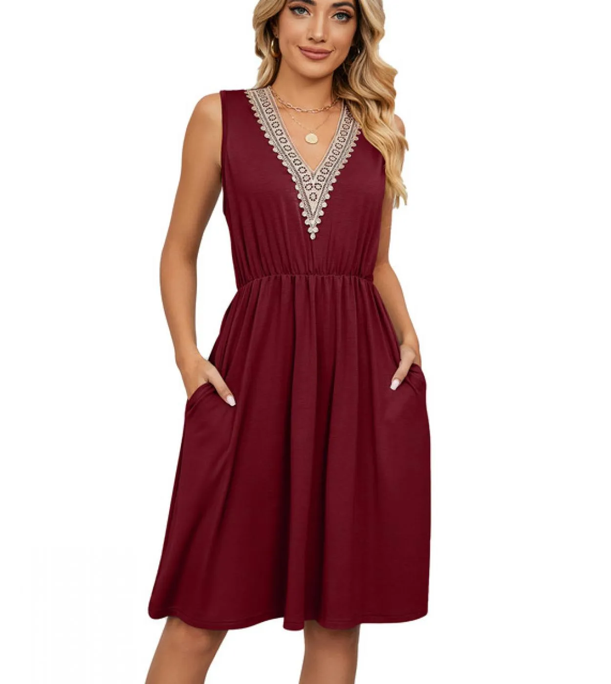Abito senza maniche con scollo a V donna tinta unita tasca in pizzo gonna a trapezio sottile 2023 abito da donna casual moda ele