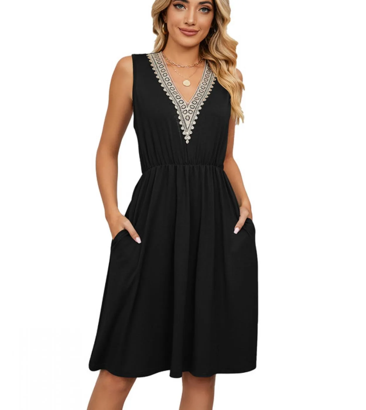 Abito senza maniche con scollo a V donna tinta unita tasca in pizzo gonna a trapezio sottile 2023 abito da donna casual moda ele