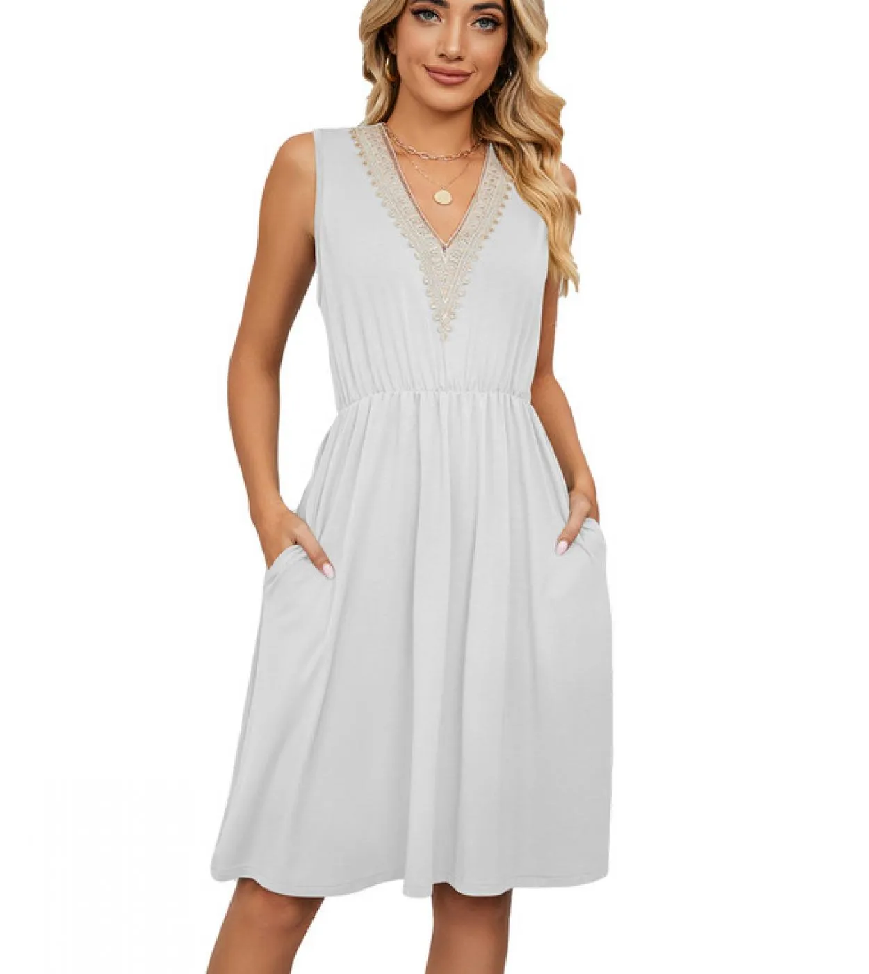 Abito senza maniche con scollo a V donna tinta unita tasca in pizzo gonna a trapezio sottile 2023 abito da donna casual moda ele