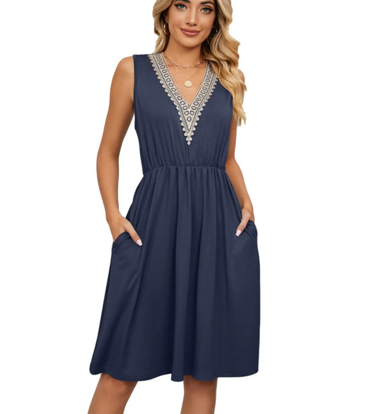 Abito senza maniche con scollo a V donna tinta unita tasca in pizzo gonna a trapezio sottile 2023 abito da donna casual moda ele