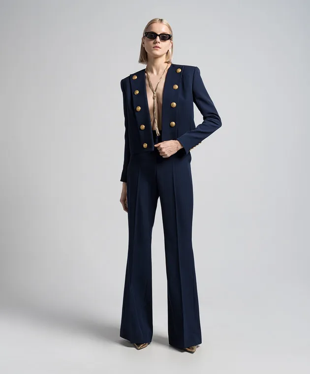 Balmain Pantaloni a zampa di lana blu BF1PO105WC09