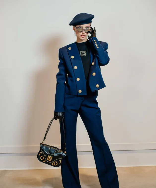 Balmain Pantaloni a zampa di lana blu BF1PO105WC09
