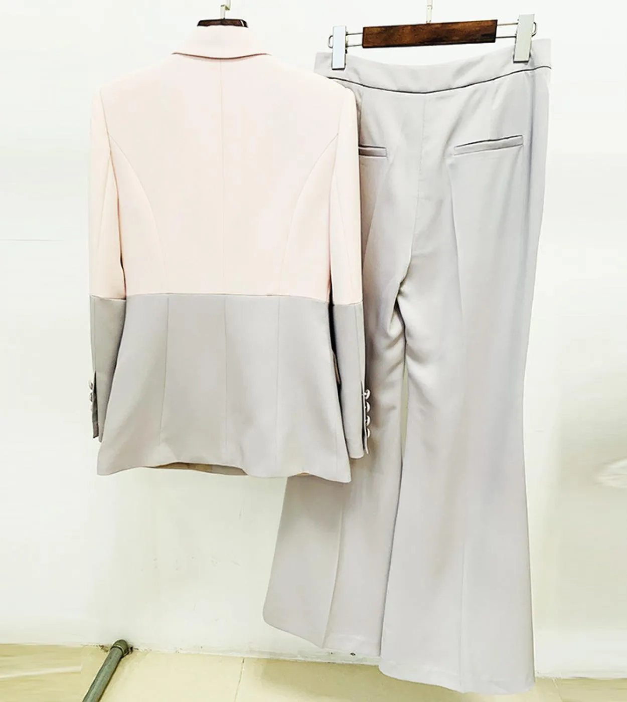 Blazer Tailleur pantalone Completi a due pezzi Donna Pantaloni a zampa con un bottone con cuciture rosa e grigie Set di pantalon