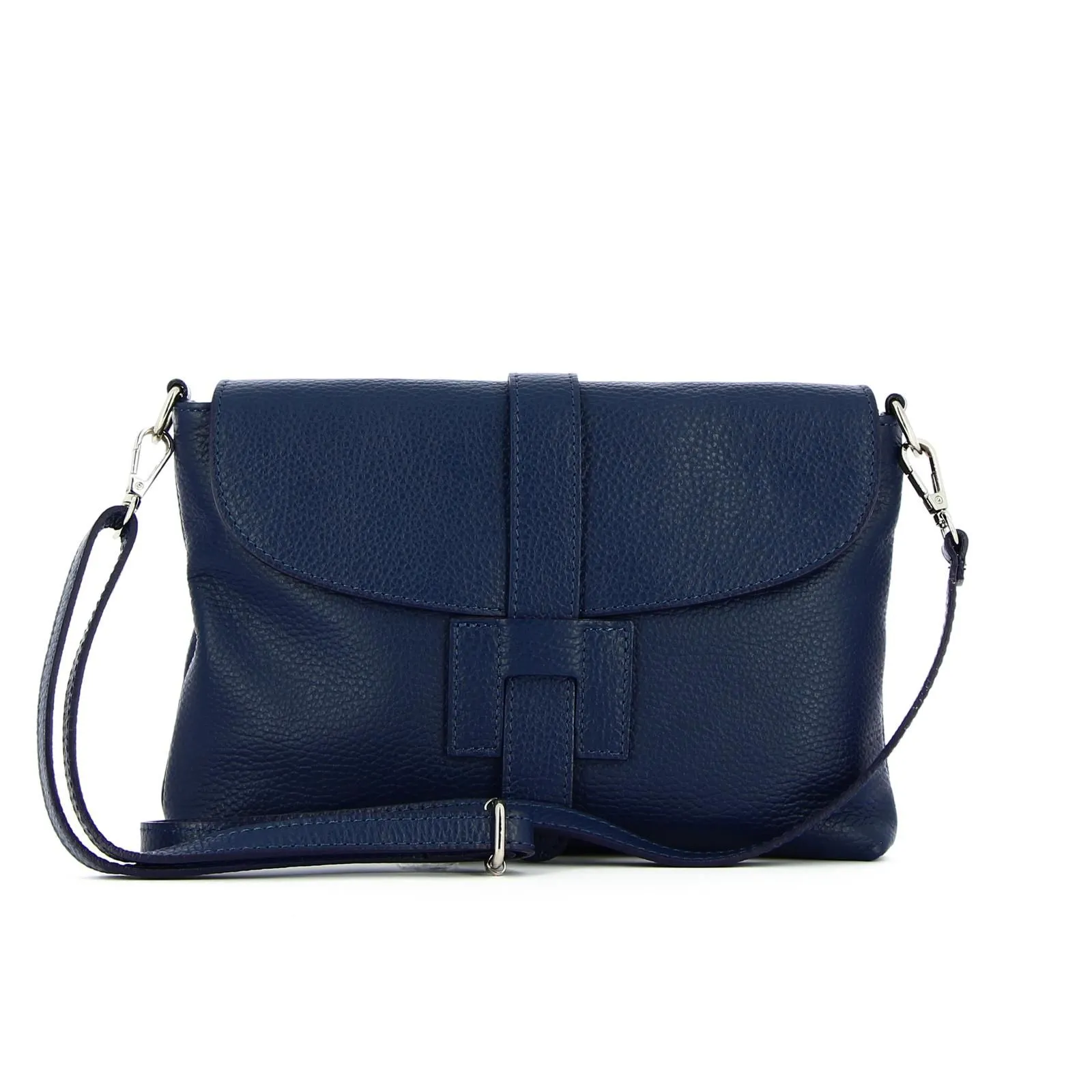 Borsa blu in pelle con tracolla e zip posteriore