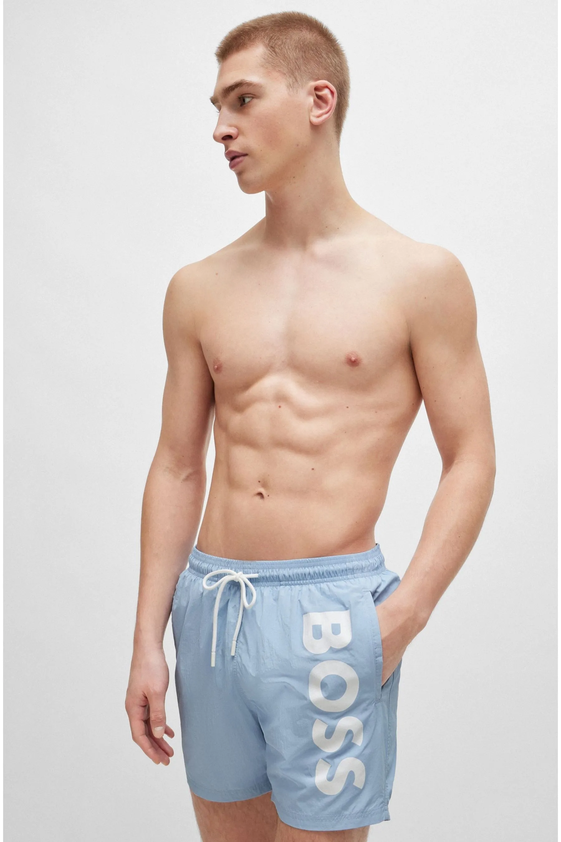 BOSS Stampa Shorts da bagno in popeline ad asciugatura rapida con logo verticale