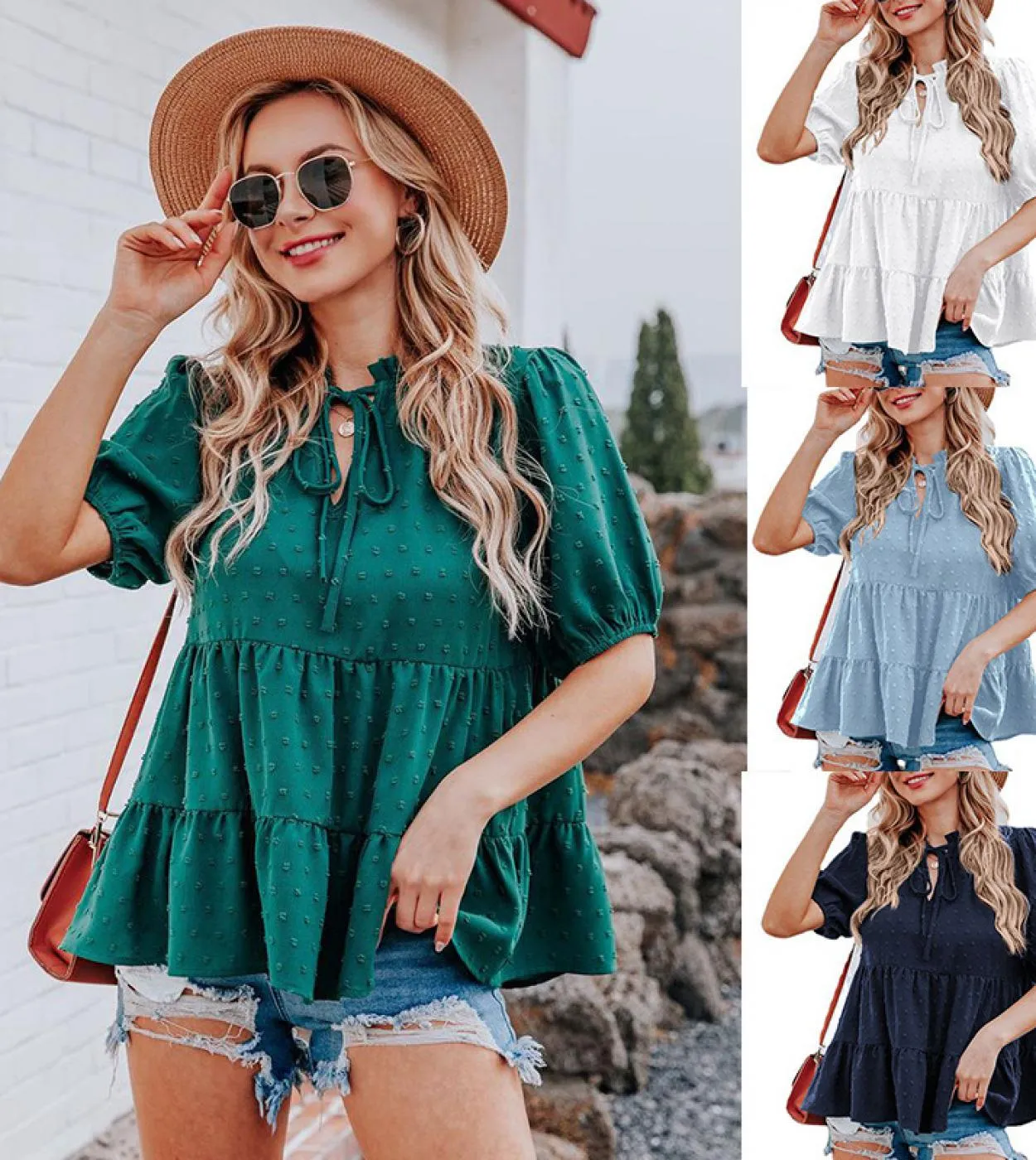 Camicetta a maniche corte con scollo a V estivo Camicie a pieghe a strati con lacci da donna Camicie a pieghe allentate casuali