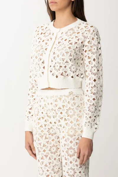Cardigan corto in maglia crochet a fiori PARCHMENT