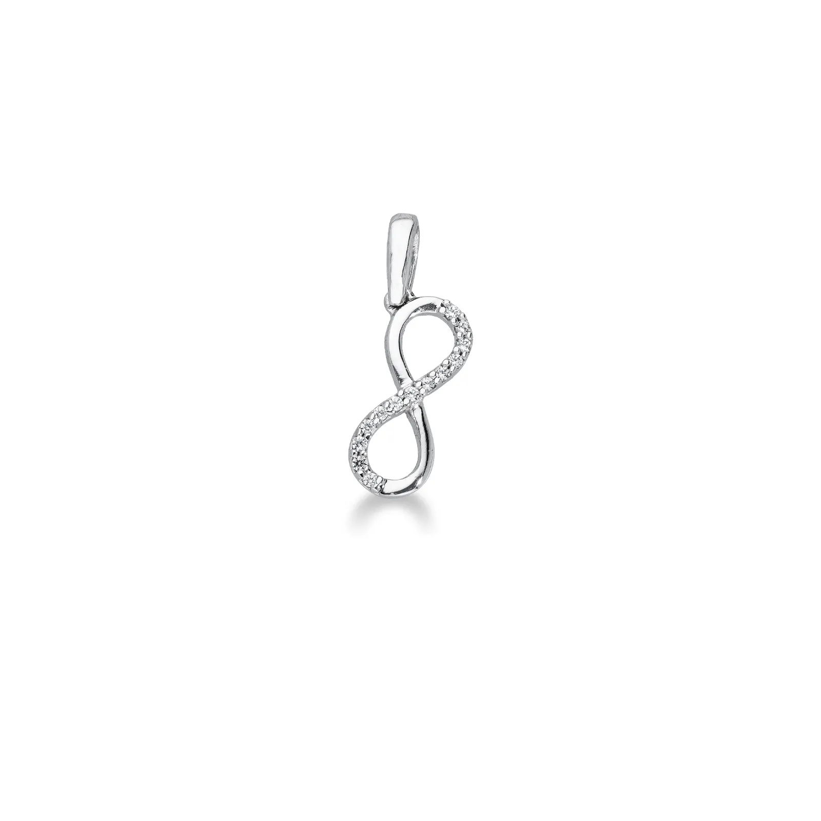 Ciondolo simbolo infinito in oro bianco 18k con zirconi.