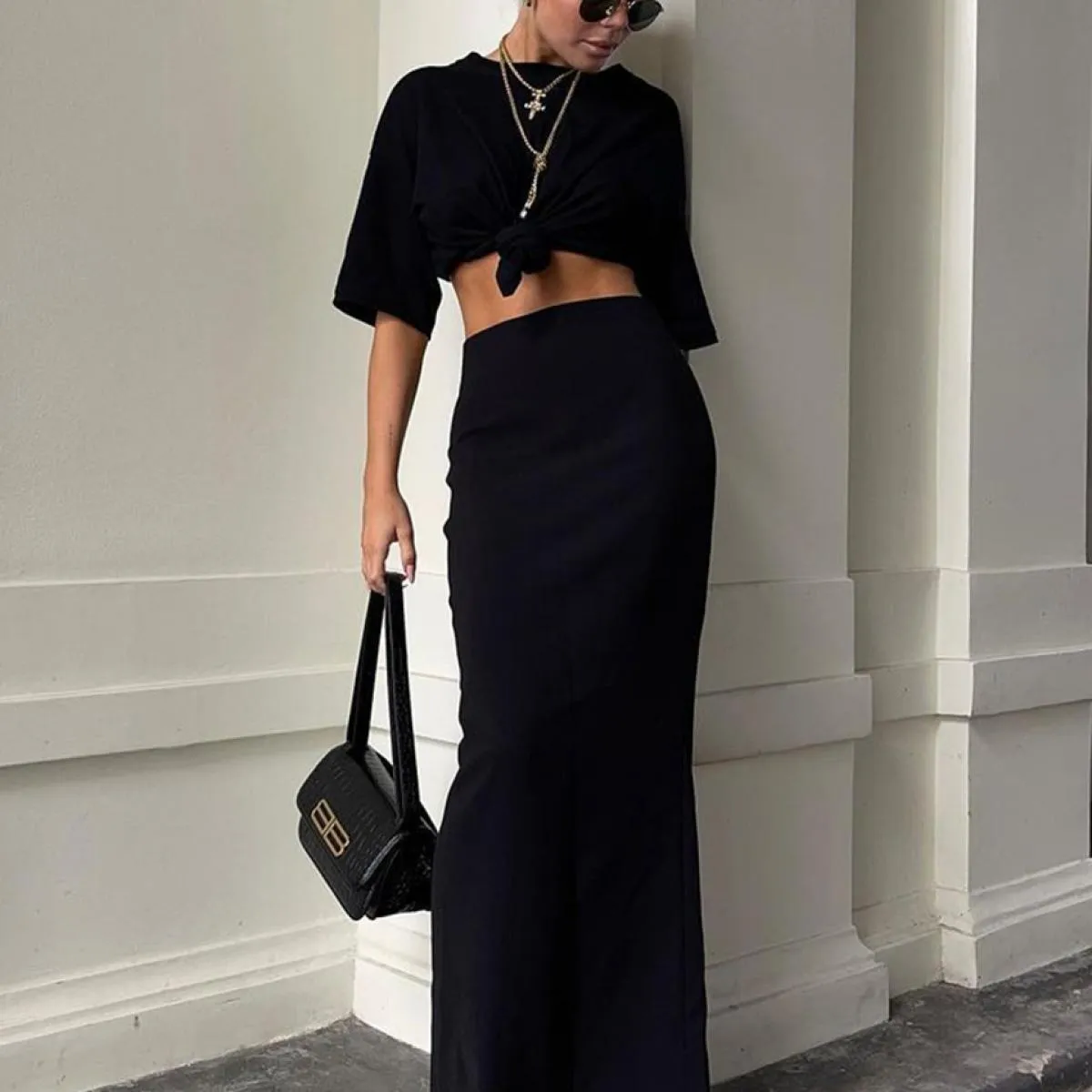 Clacive Elegante Sottile Gonna Nera da Donna 2023 Moda a Vita Alta Ufficio Gonne Lunghe Casual Semplice Faldas Gonna Femminile C