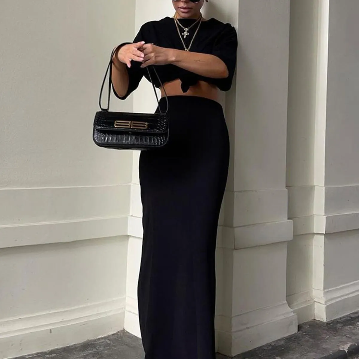 Clacive Elegante Sottile Gonna Nera da Donna 2023 Moda a Vita Alta Ufficio Gonne Lunghe Casual Semplice Faldas Gonna Femminile C