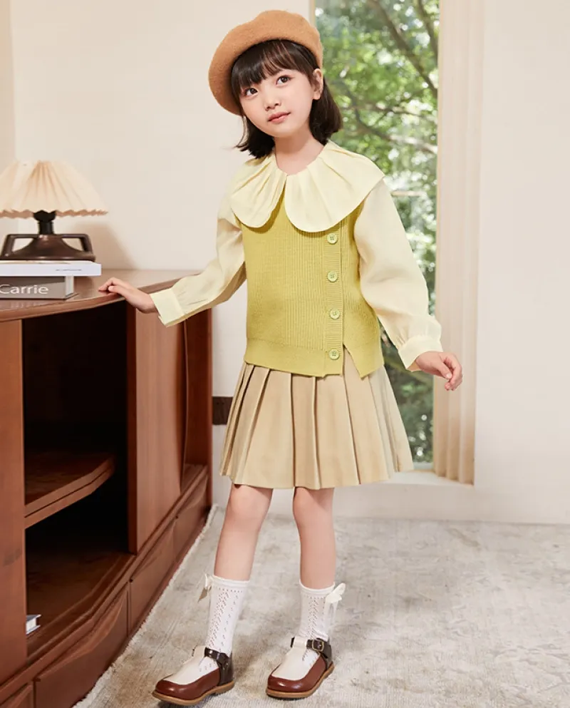Colletto della bambola Camicia Gilet Gonna a pieghe Autunno Set in due pezzi Nuovo gilet lavorato a maglia Split Sweet Girl Suit