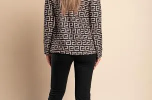 Completo pantalone con blazer elegante con stampa geometrica Nunzia, beige