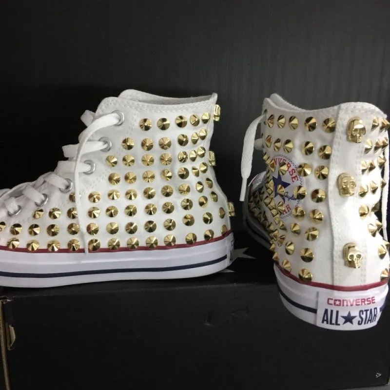 Converse All Star Stivaletto Bianca Classiche Borchie Oro