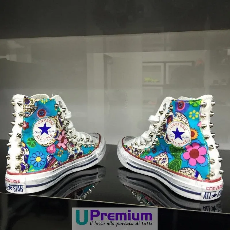 Converse All Star Teschio Messicano Tessuto Borchiate Bianche