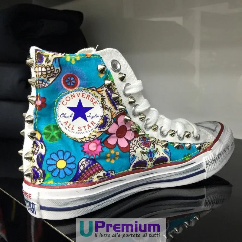 Converse All Star Teschio Messicano Tessuto Borchiate Bianche