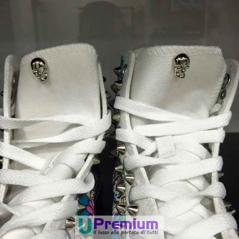Converse All Star Teschio Messicano Tessuto Borchiate Bianche