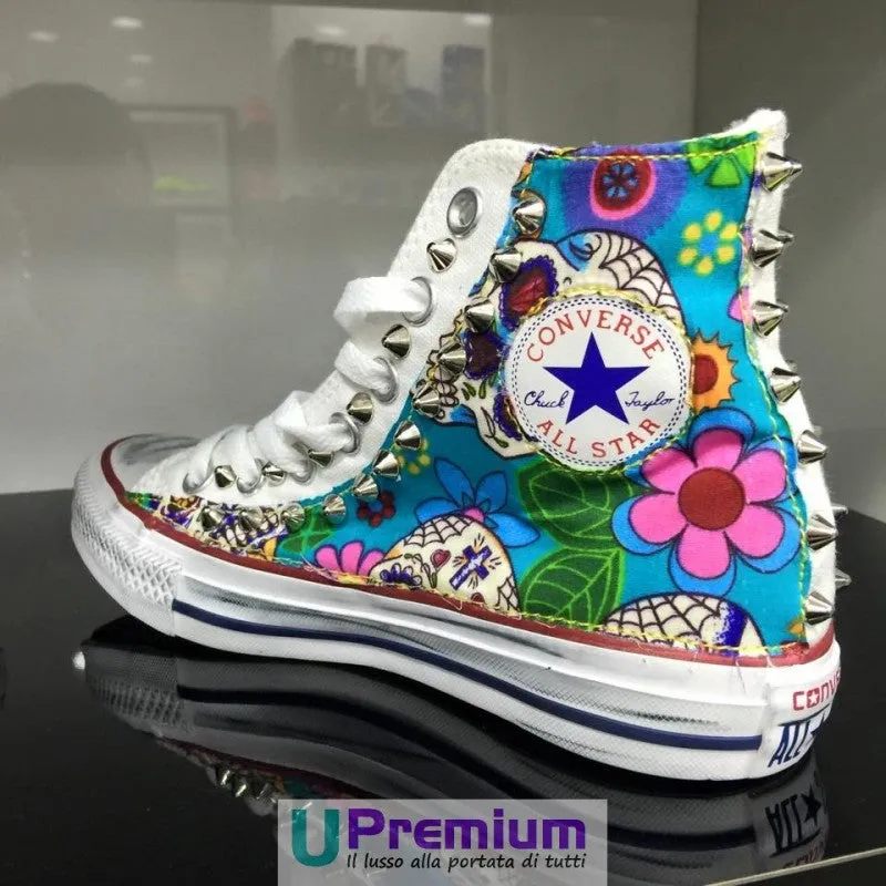 Converse All Star Teschio Messicano Tessuto Borchiate Bianche