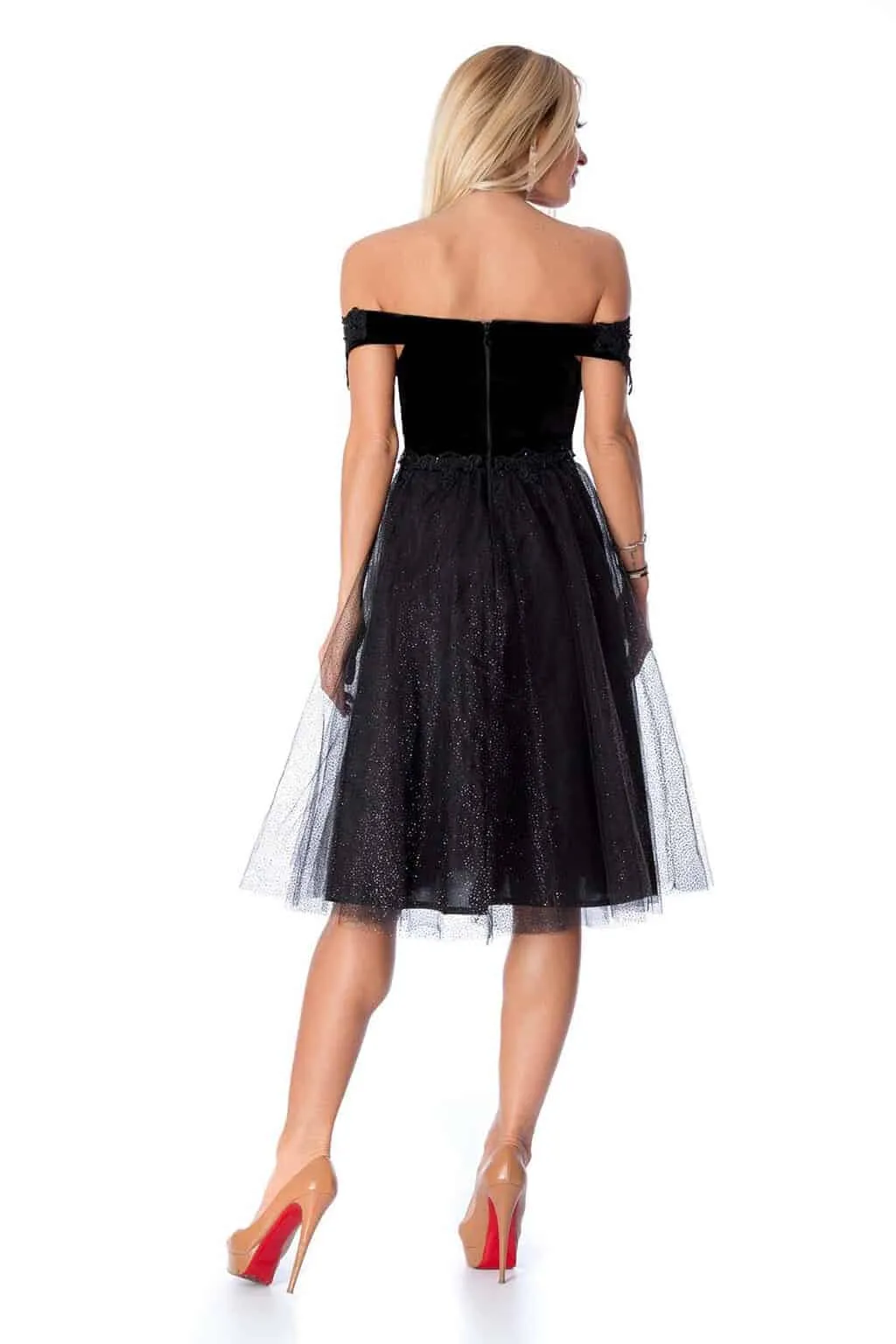 Elegante abito princess in velluto nero e tulle glitterato