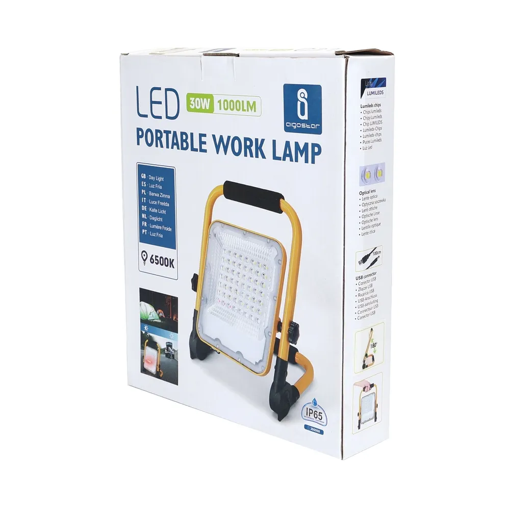 Faro Led da lavoro portatile 30W Nero e giallo Alimentazione a batteria IP65 Bianco freddo 6500K Dimmerabile Aigostar