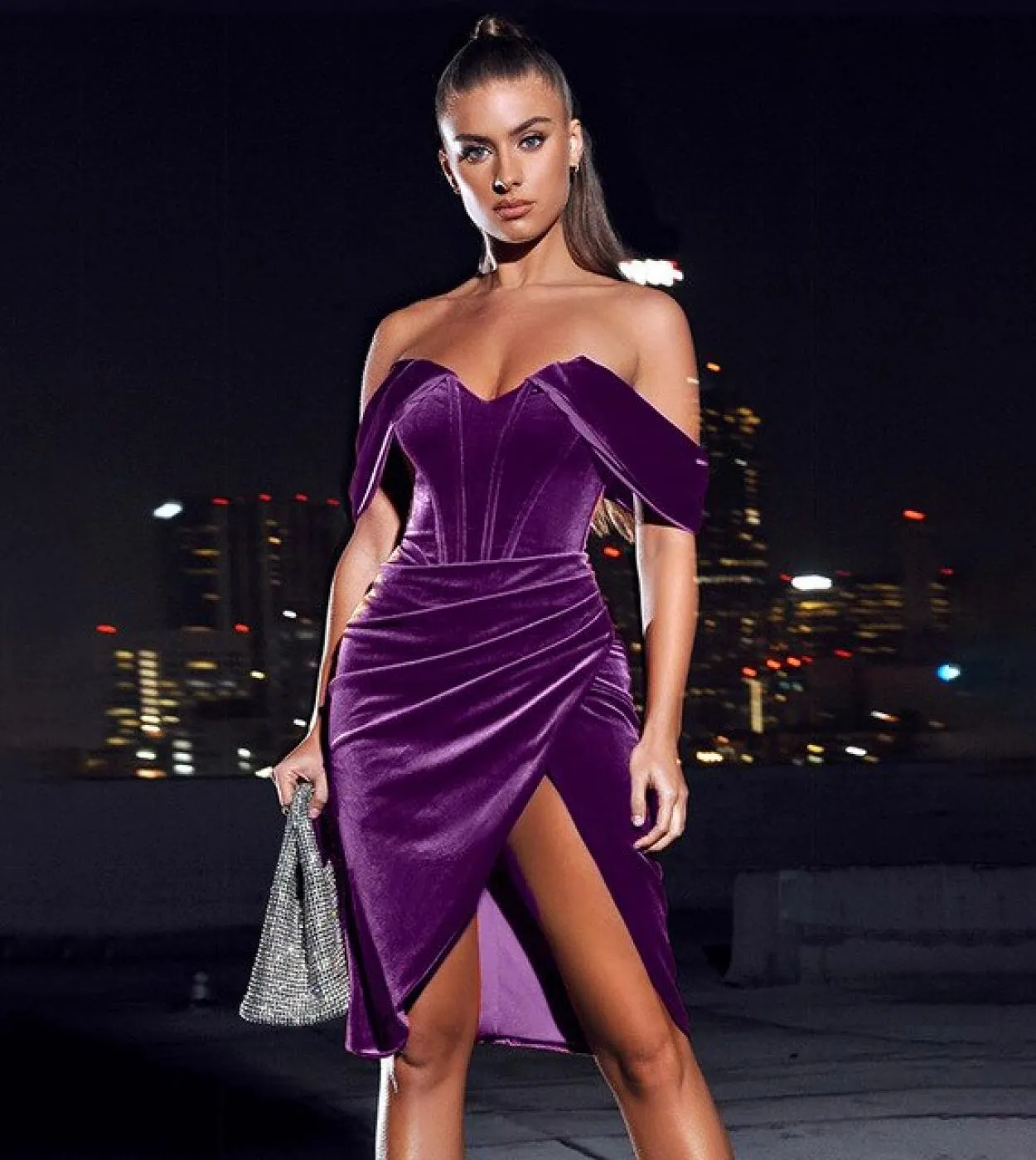 Gacvga Abito aderente con spalle scoperte in velluto per donna Autunno Inverno Party Club Evening Festival Mini abiti Vestidosdr