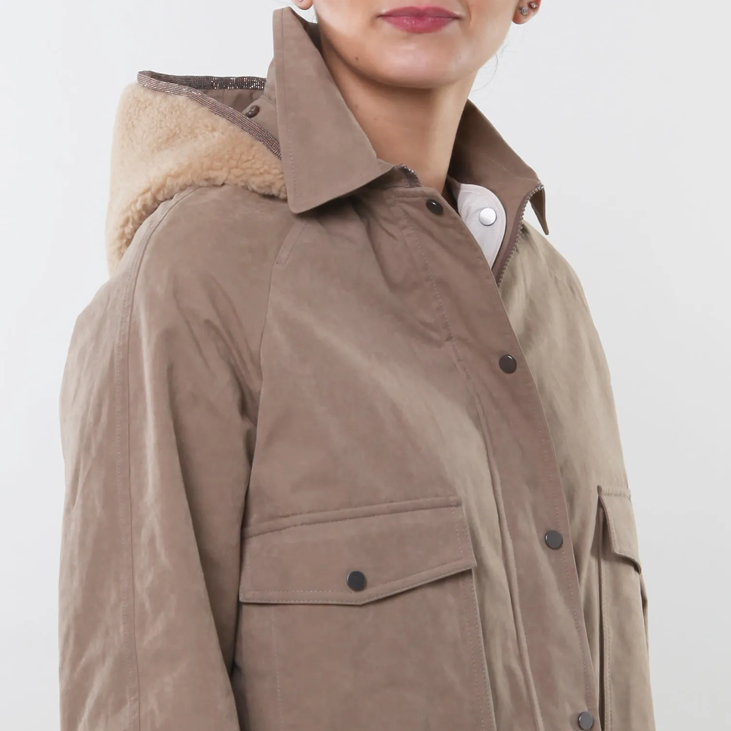 Giacca Beige Imbottita Con Cappuccio