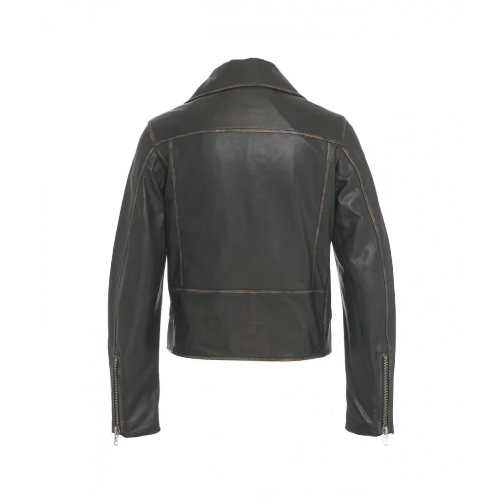 Giacca biker in pelle marrone scuro