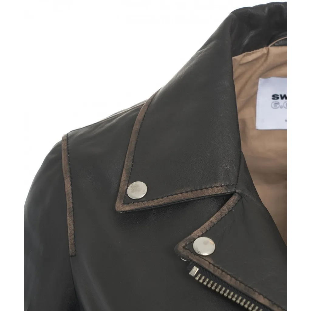 Giacca biker in pelle marrone scuro