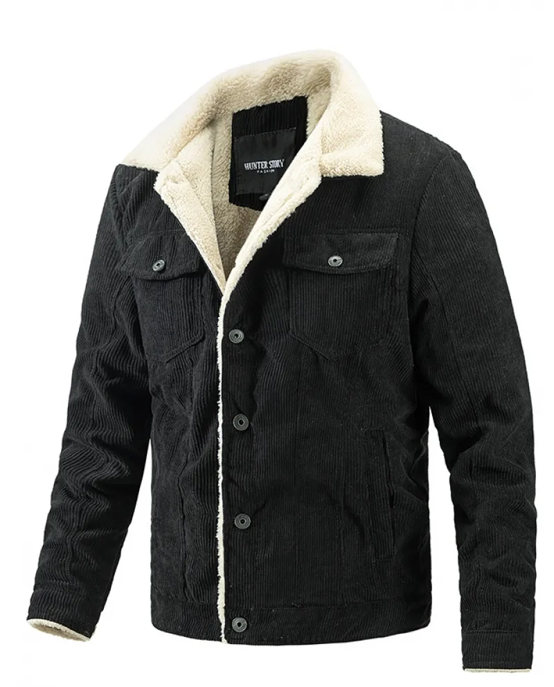 Giacca da uomo con zip e risvolto casual in pile di velluto a coste