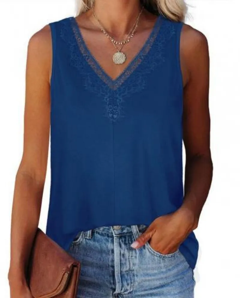 Gilet da donna casual con scollo a V tinta unita gilet da donna in pizzo senza maniche allentato T