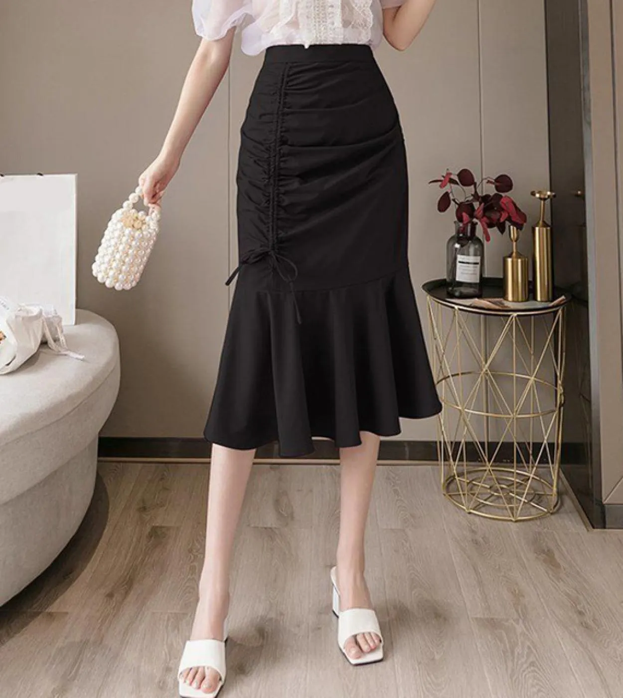 Gonna a sirena bianca nera per donna Gonna a vita alta asimmetrica donna Gonne lunghe con volant con coulisse