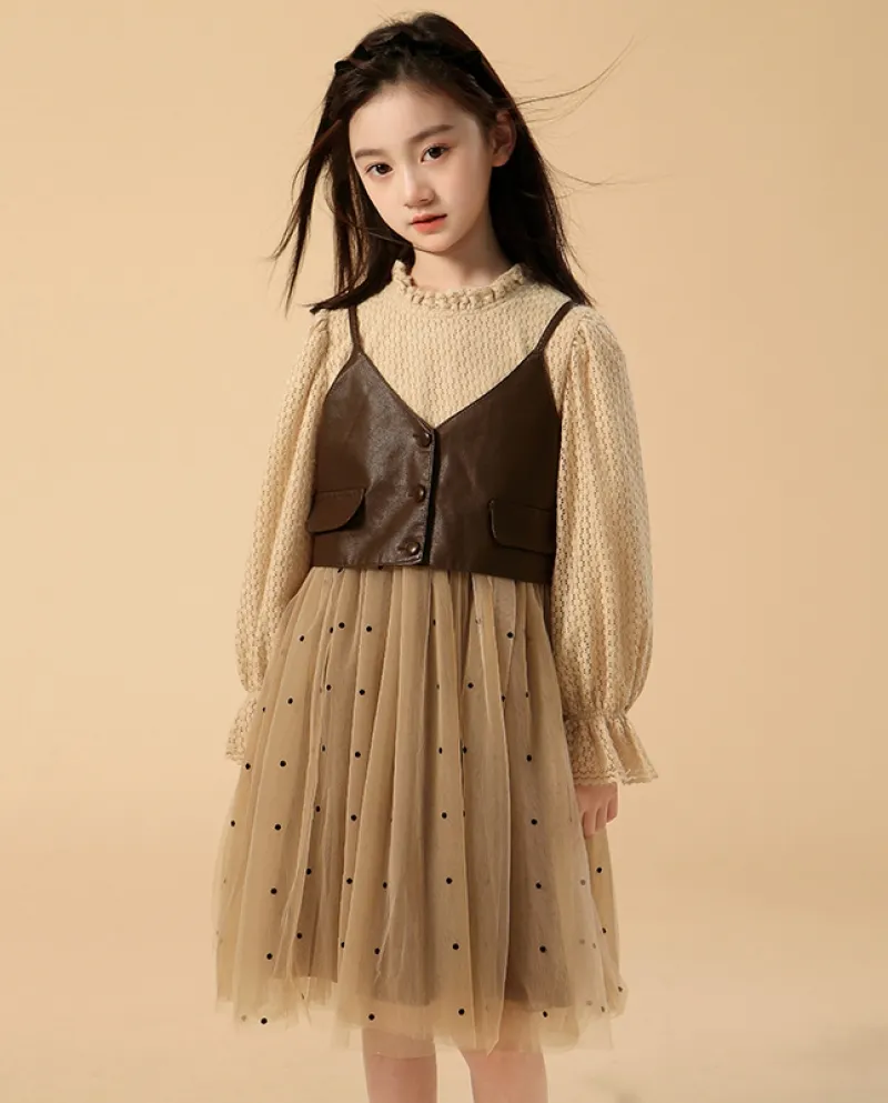 Gonna da principessa per ragazze Autunno e inverno Gilet in pelle a maniche lunghe in due pezzi