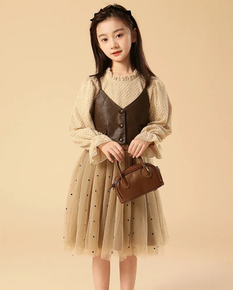 Gonna da principessa per ragazze Autunno e inverno Gilet in pelle a maniche lunghe in due pezzi