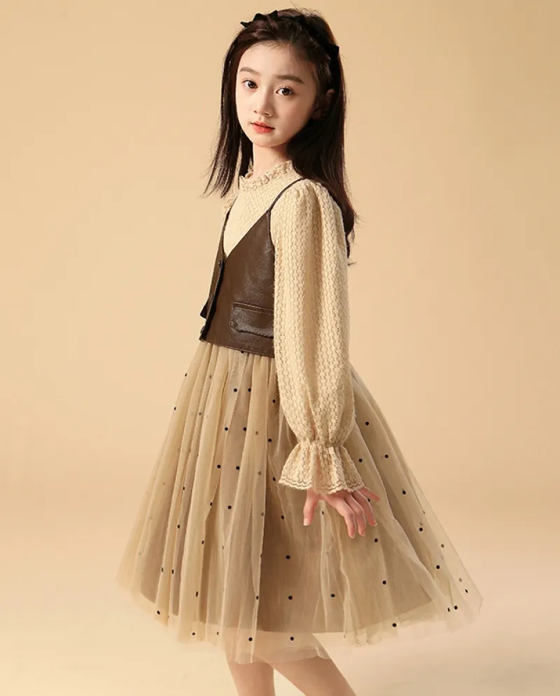 Gonna da principessa per ragazze Autunno e inverno Gilet in pelle a maniche lunghe in due pezzi