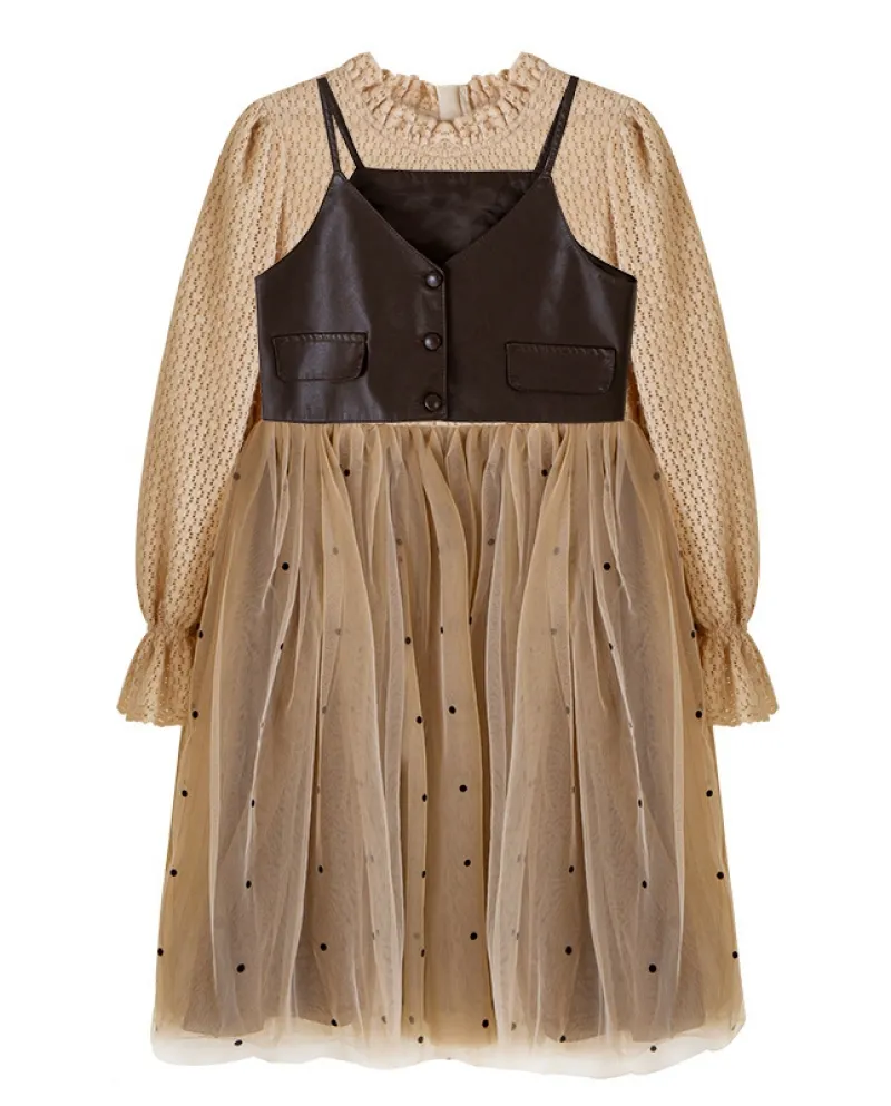Gonna da principessa per ragazze Autunno e inverno Gilet in pelle a maniche lunghe in due pezzi