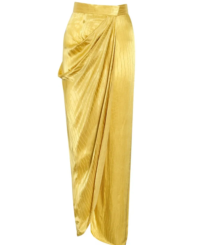 Gonna lunga da donna elegante e aggraziata in tinta unita a pieghe a vita alta con spacco irregolare