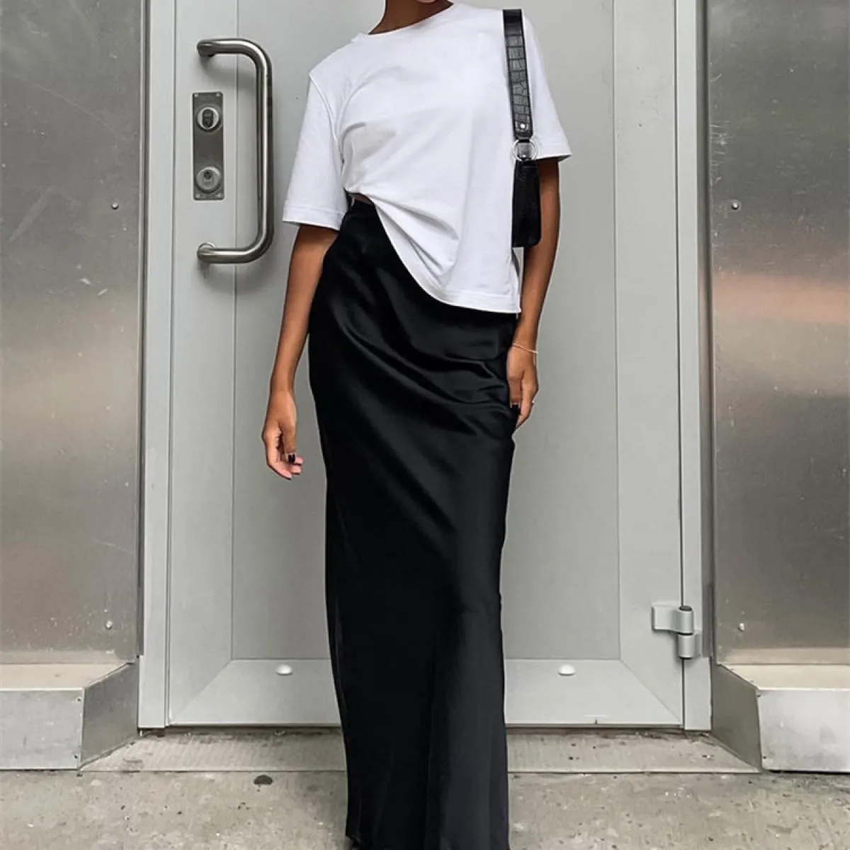 Gonna lunga femminile in raso casual Elegante cerniera divisa patchwork Gonna lunga nera a vita alta Moda High Street Maxi
