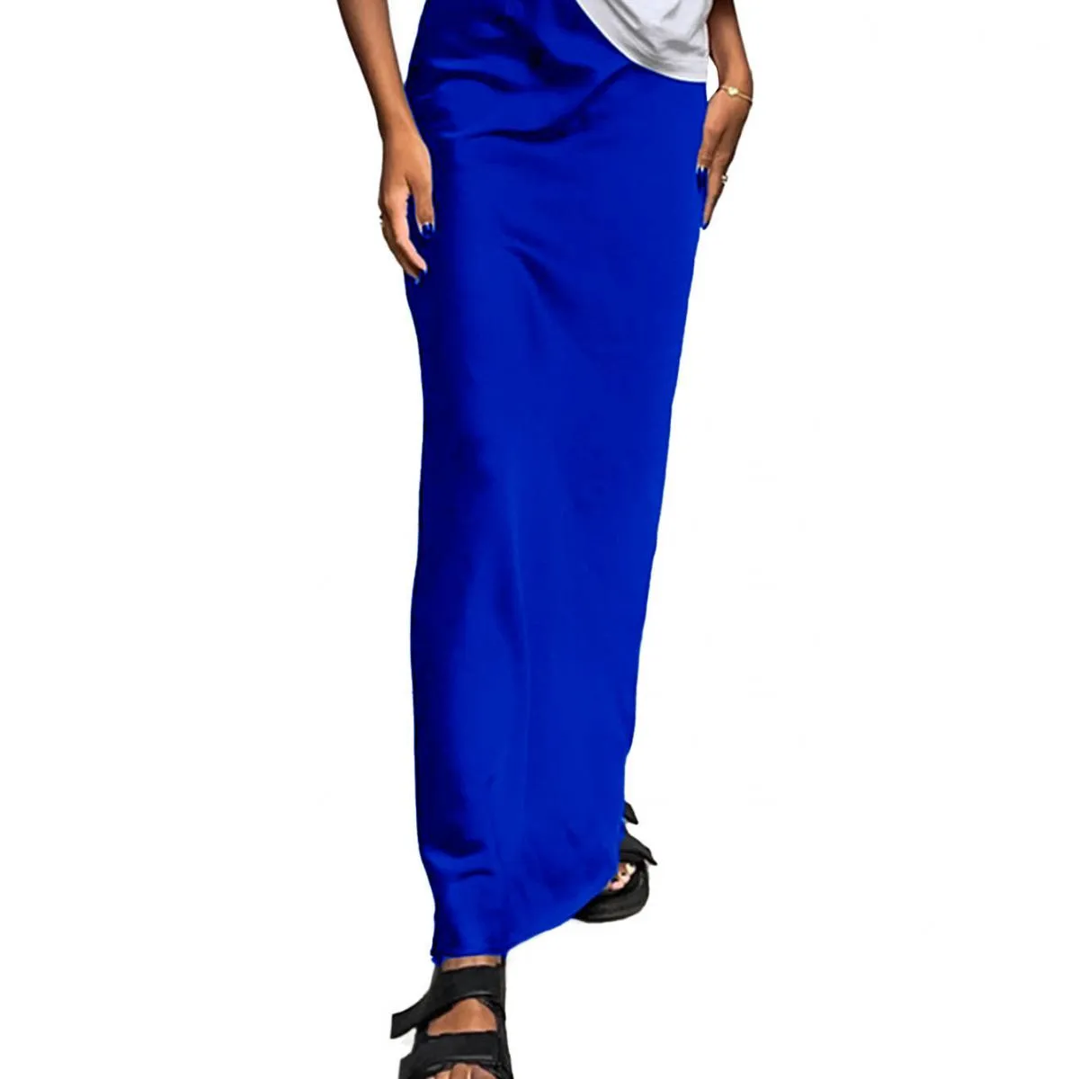 Gonna lunga femminile in raso casual Elegante cerniera divisa patchwork Gonna lunga nera a vita alta Moda High Street Maxi