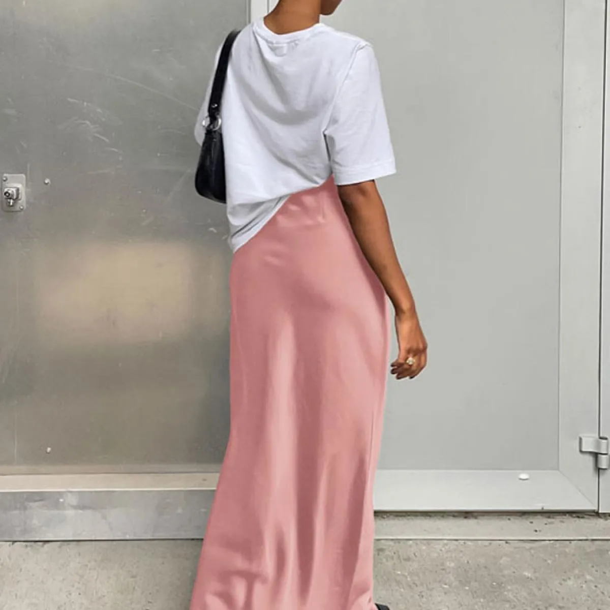 Gonna lunga femminile in raso casual Elegante cerniera divisa patchwork Gonna lunga nera a vita alta Moda High Street Maxi
