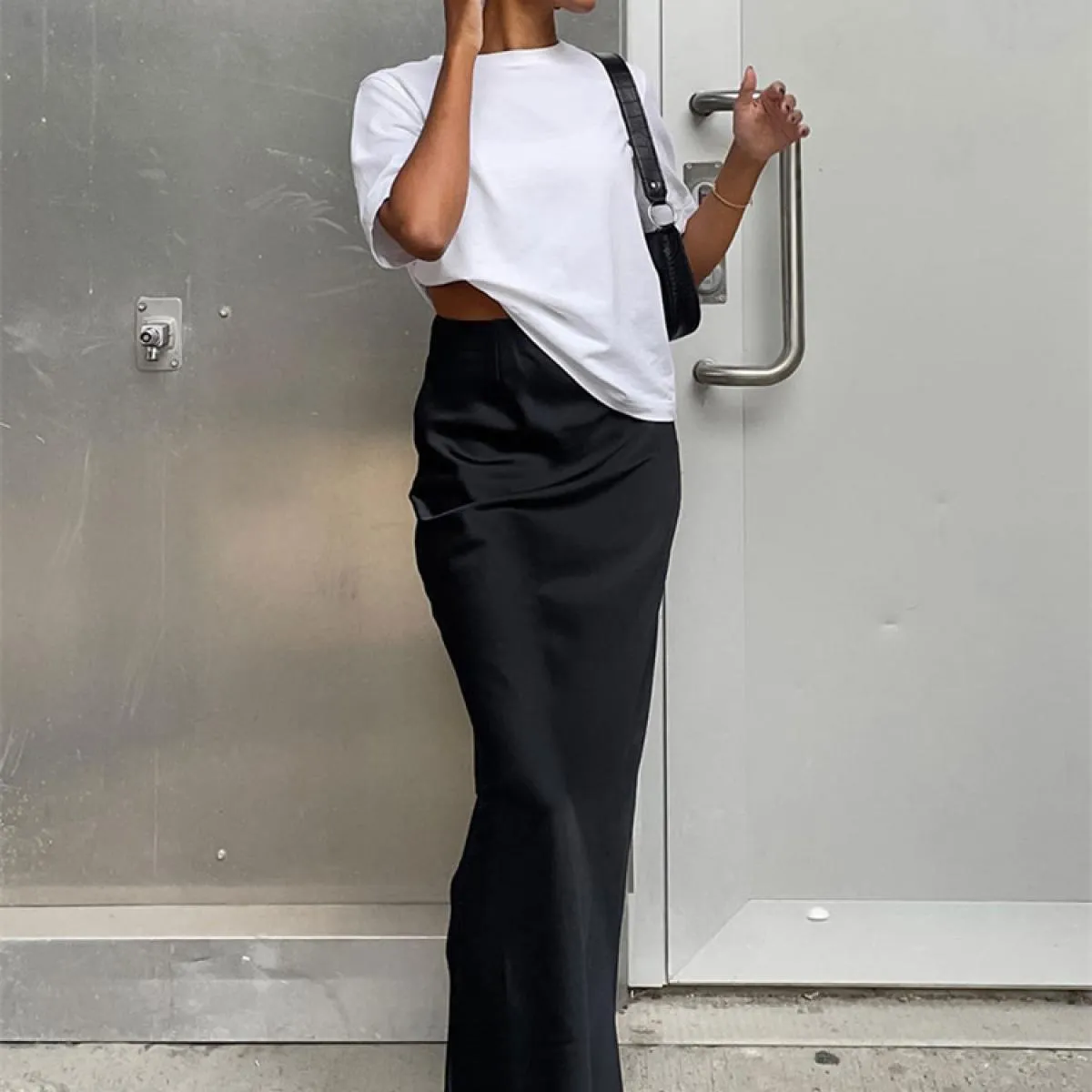 Gonna lunga femminile in raso casual Elegante cerniera divisa patchwork Gonna lunga nera a vita alta Moda High Street Maxi