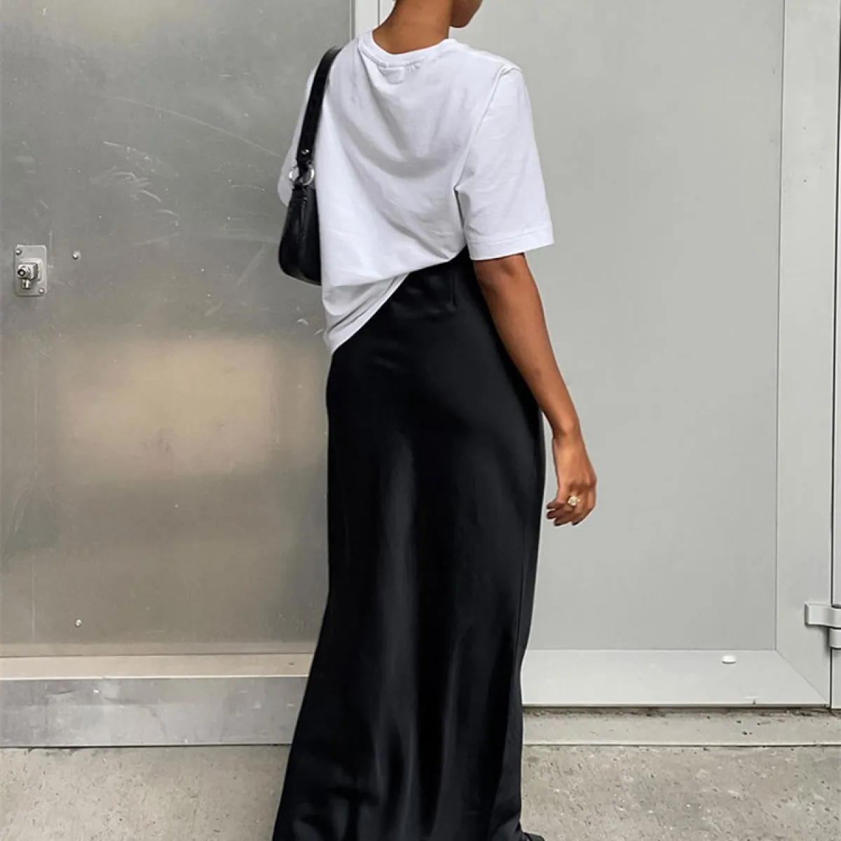 Gonna lunga femminile in raso casual Elegante cerniera divisa patchwork Gonna lunga nera a vita alta Moda High Street Maxi