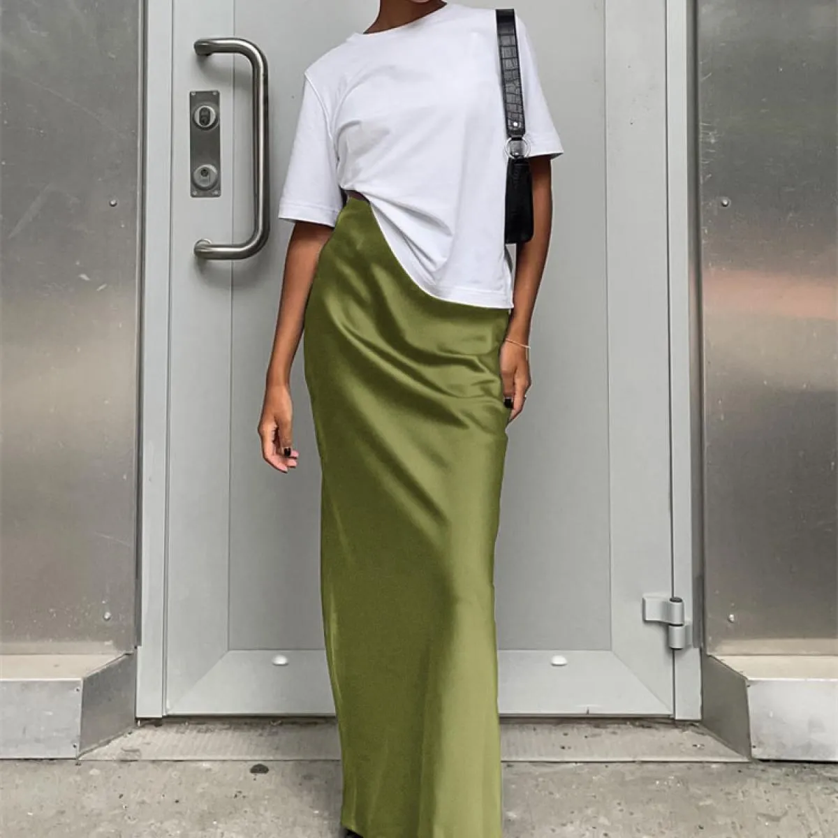 Gonna lunga femminile in raso casual Elegante cerniera divisa patchwork Gonna lunga nera a vita alta Moda High Street Maxi